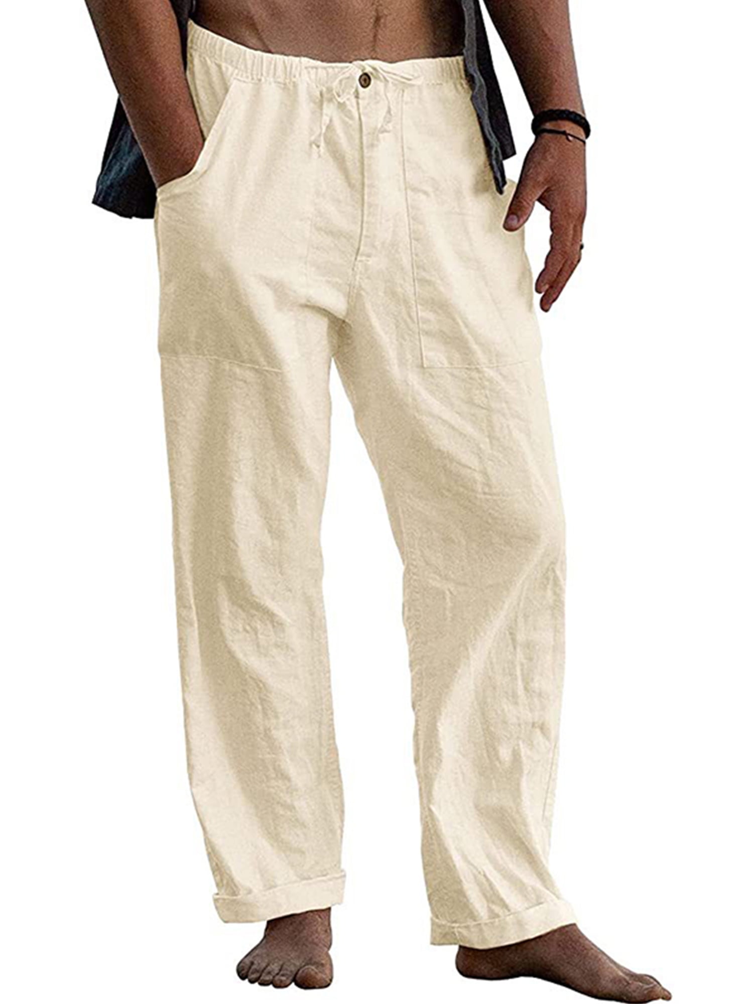 Amazon.com: Casual Cotton Linen Beach Trousers Men's Vintage Solid  Drawstring Tie-Up Looes Straight Long Pant Men Pants 01 Khaki M : Clothing,  Shoes & Jewelry